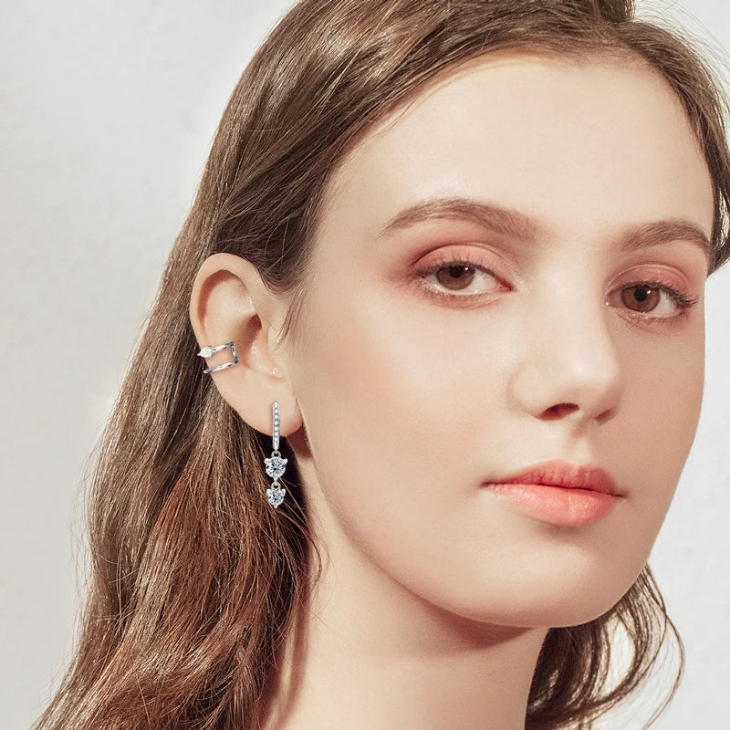 Two-Stone Moissanite Hoop Drop Earrings in Sterling Silver