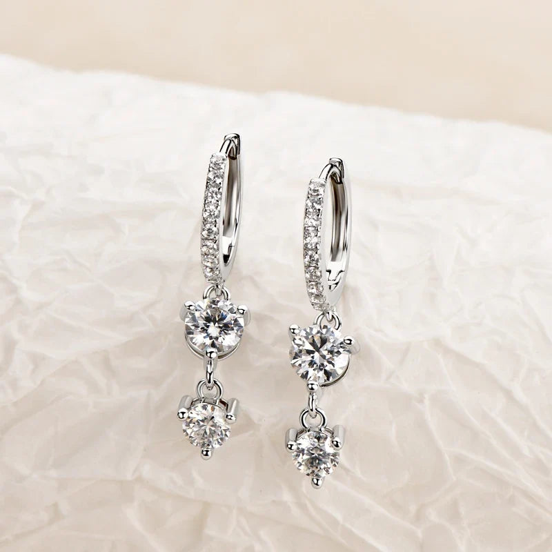 Two-Stone Moissanite Hoop Drop Earrings in Sterling Silver