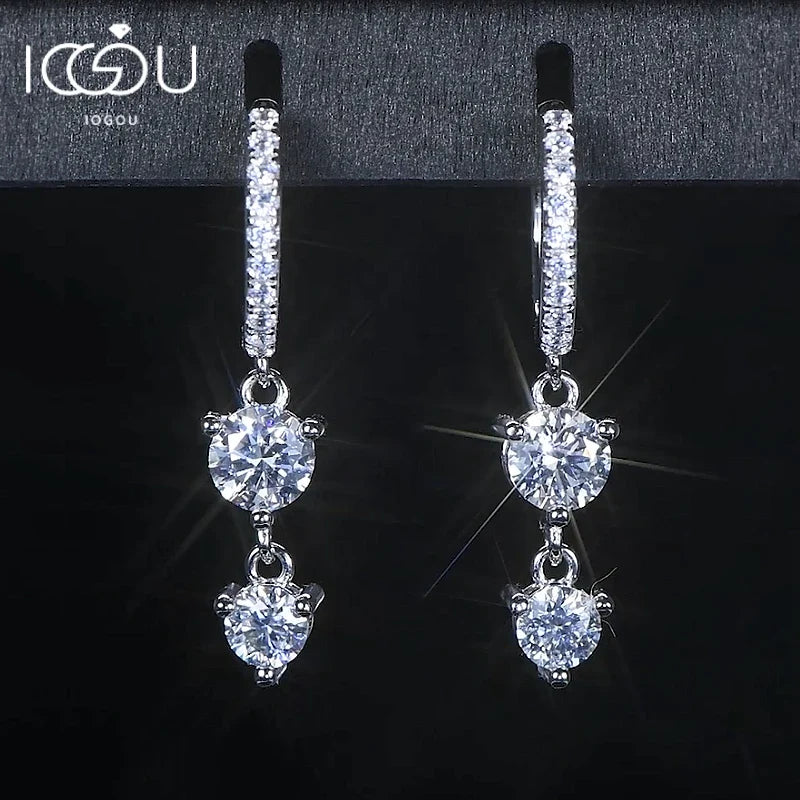 Two-Stone Moissanite Hoop Drop Earrings in Sterling Silver