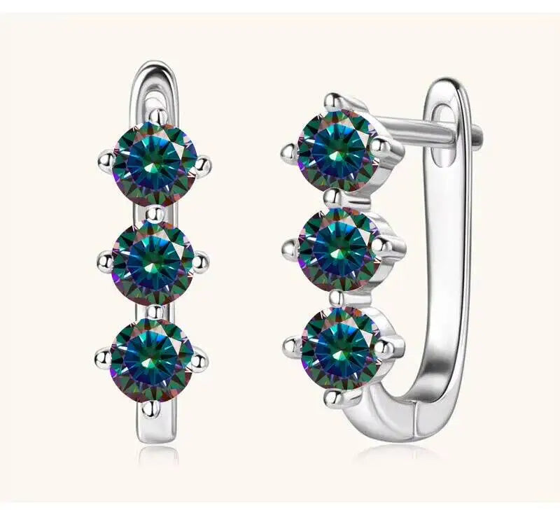 Colored Three-Stone Moissanite Hoop Earrings in Silver