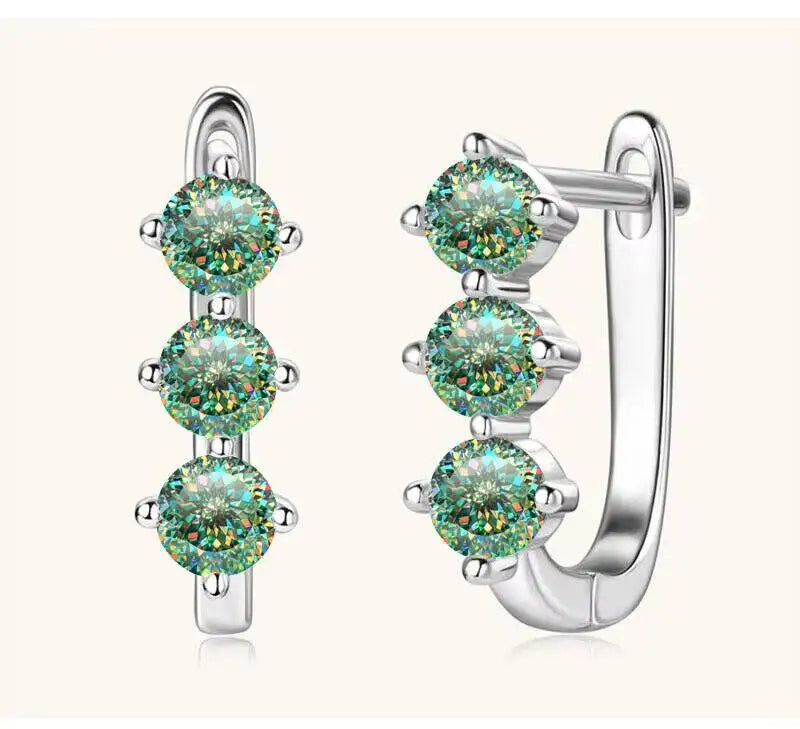 Colored Three-Stone Moissanite Hoop Earrings in Silver