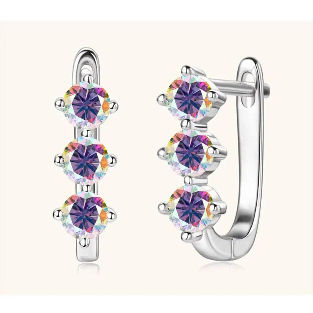 Colored Three-Stone Moissanite Hoop Earrings in Silver