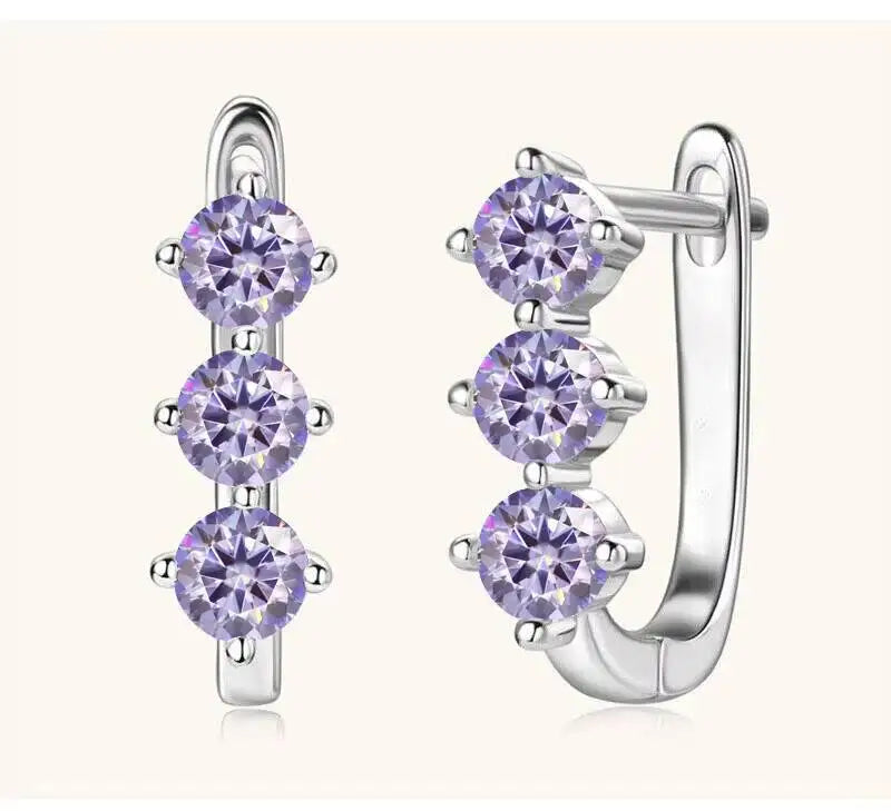 Colored Three-Stone Moissanite Hoop Earrings in Silver