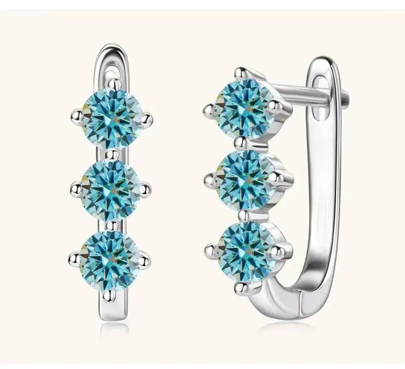 Colored Three-Stone Moissanite Hoop Earrings in Silver