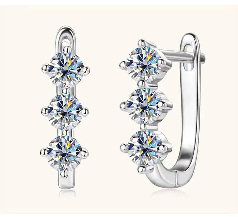 Colored Three-Stone Moissanite Hoop Earrings in Silver