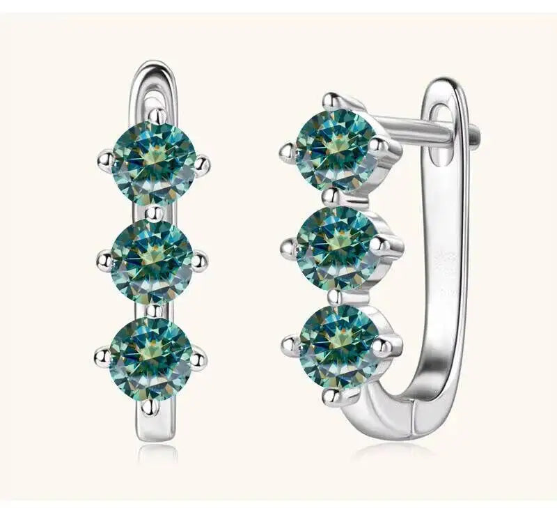 Colored Three-Stone Moissanite Hoop Earrings in Silver