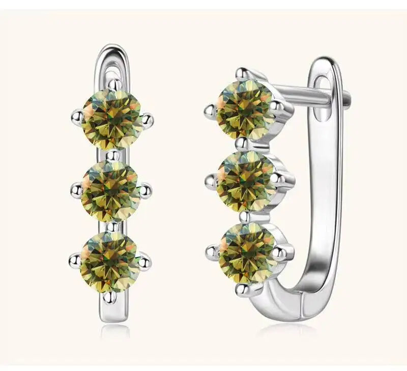 Colored Three-Stone Moissanite Hoop Earrings in Silver