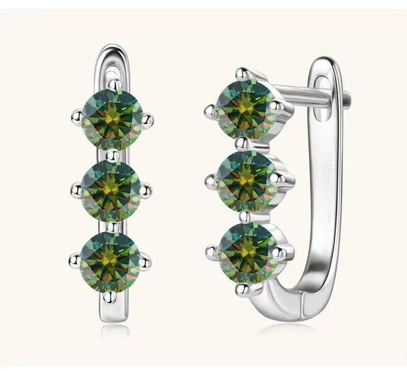 Colored Three-Stone Moissanite Hoop Earrings in Silver
