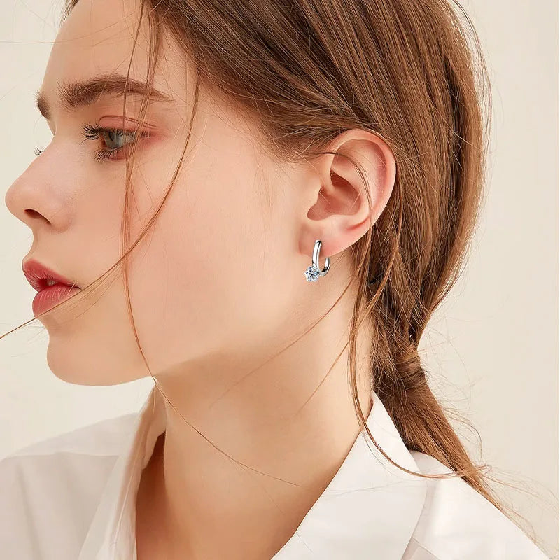 Solitaire Moissanite Leverback Hoop Earrings in Sterling Silver