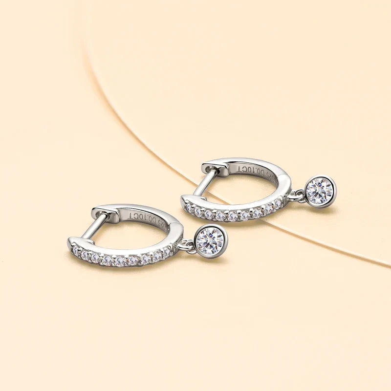 Bezel Drop Moissanite Huggie Earrings in Sterling Silver