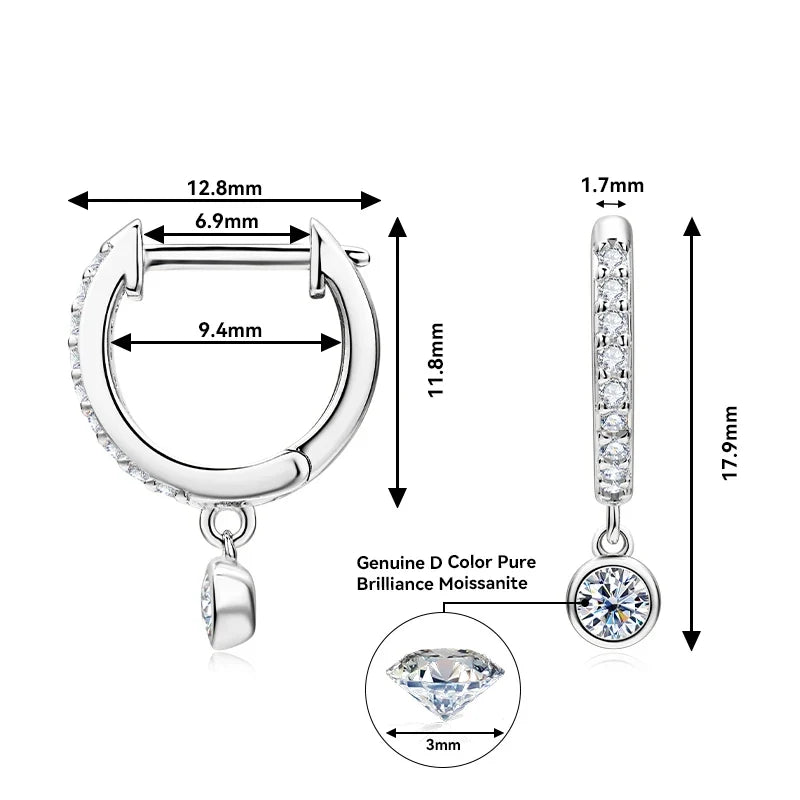Bezel Drop Moissanite Huggie Earrings in Sterling Silver