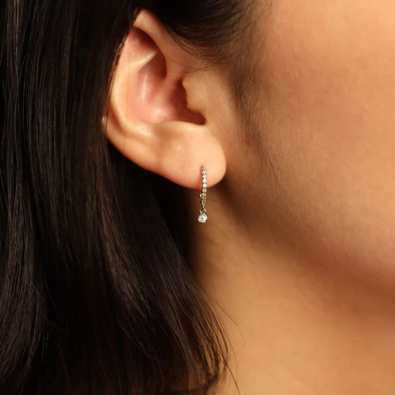 Bezel Drop Moissanite Huggie Earrings in Sterling Silver