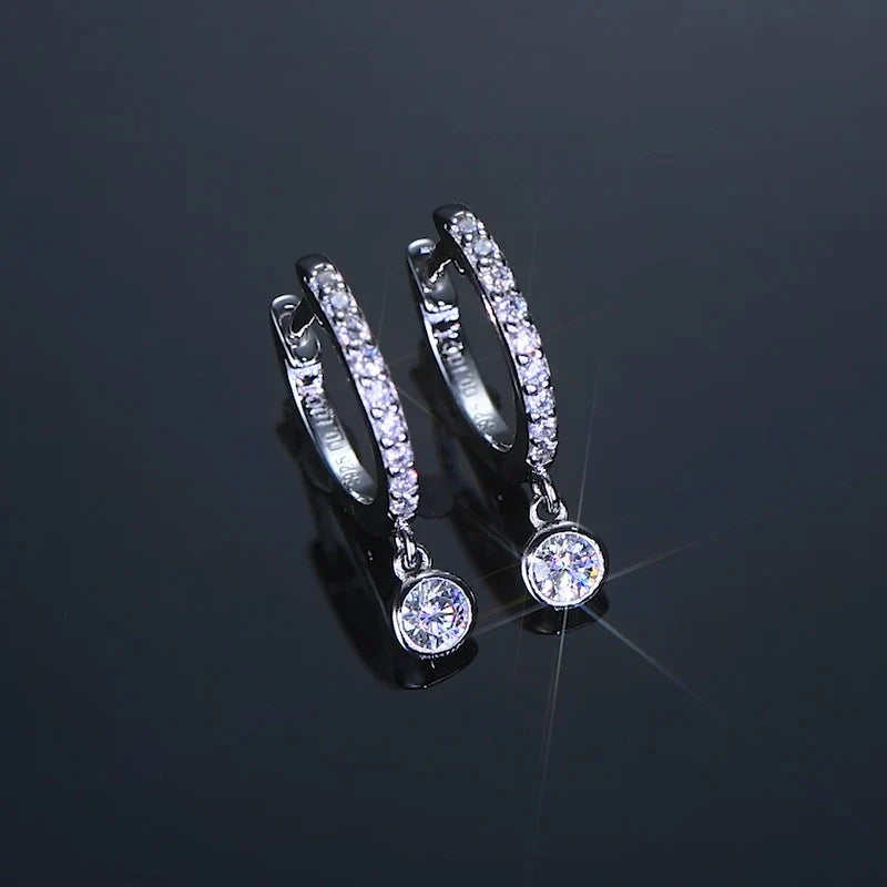 Bezel Drop Moissanite Huggie Earrings in Sterling Silver