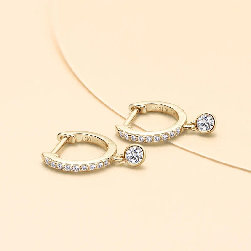 Bezel Drop Moissanite Huggie Earrings in Sterling Silver