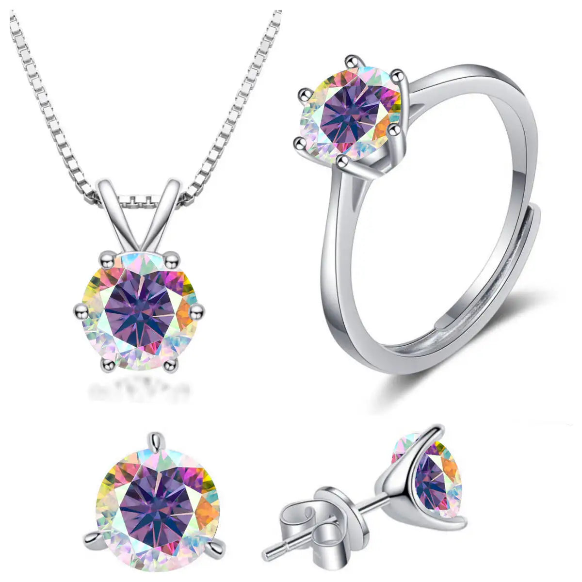 Colored Moissanite Necklace, Stud Earrings & Ring Set