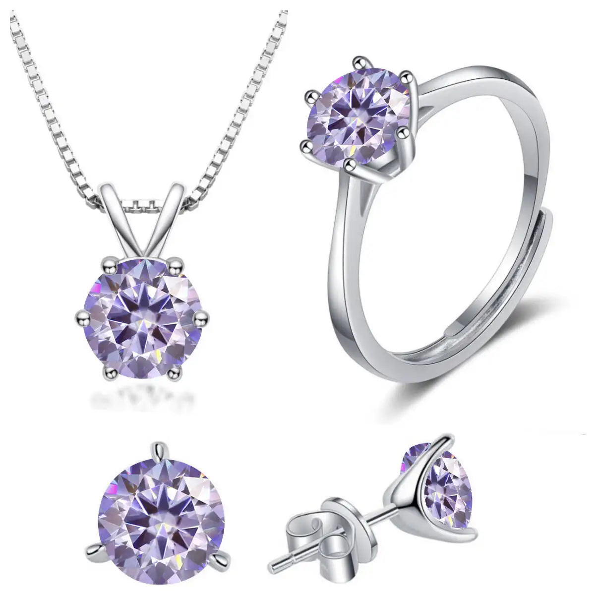 Colored Moissanite Necklace, Stud Earrings & Ring Set