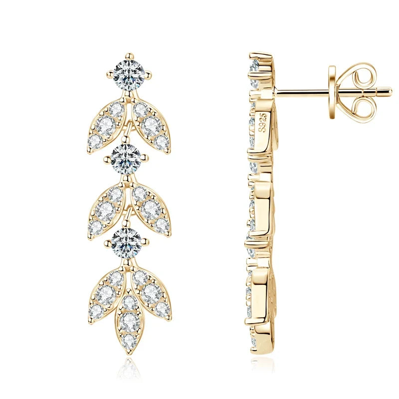 Moissanite Leaf Drop Earrings with Zircon Accents in Silver