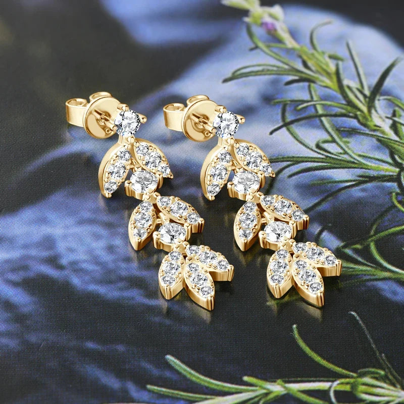 Moissanite Leaf Drop Earrings with Zircon Accents in Silver