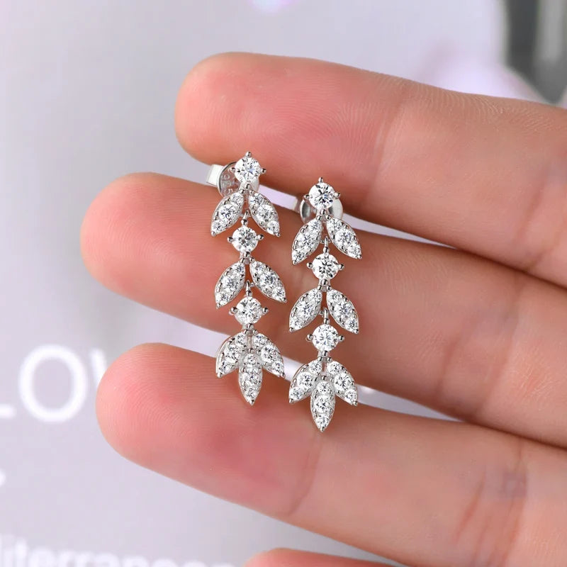 Moissanite Leaf Drop Earrings with Zircon Accents in Silver