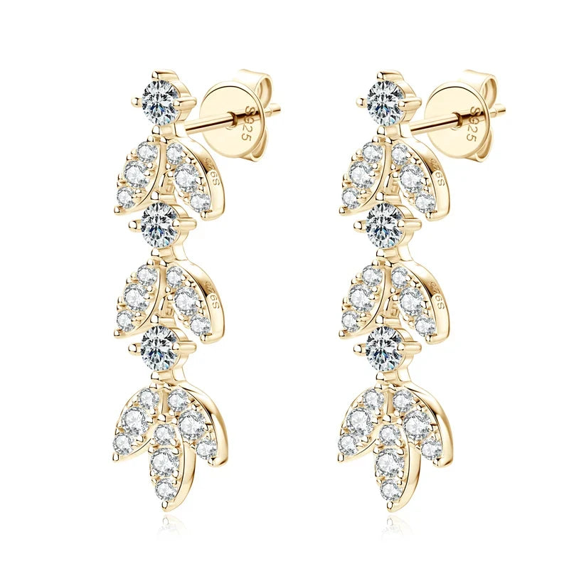 Moissanite Leaf Drop Earrings with Zircon Accents in Silver