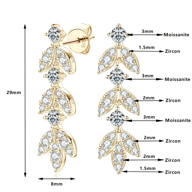 Moissanite Leaf Drop Earrings with Zircon Accents in Silver