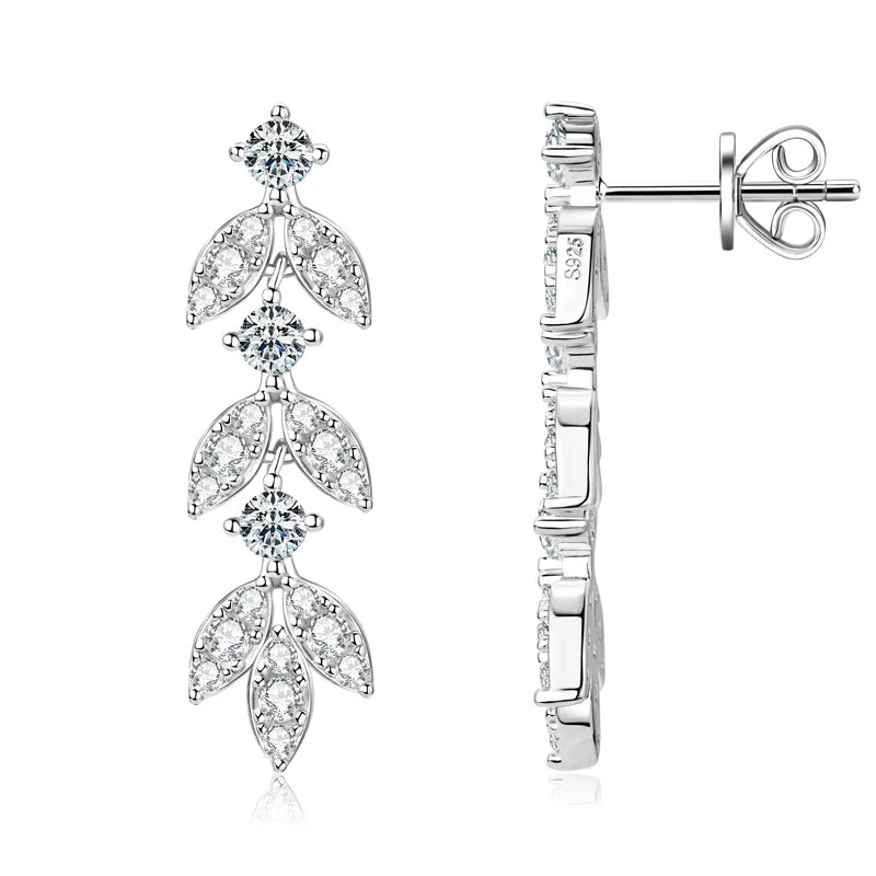 Moissanite Leaf Drop Earrings with Zircon Accents in Silver