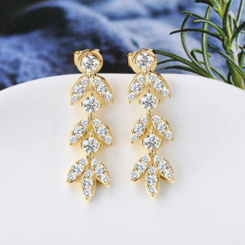 Moissanite Leaf Drop Earrings with Zircon Accents in Silver