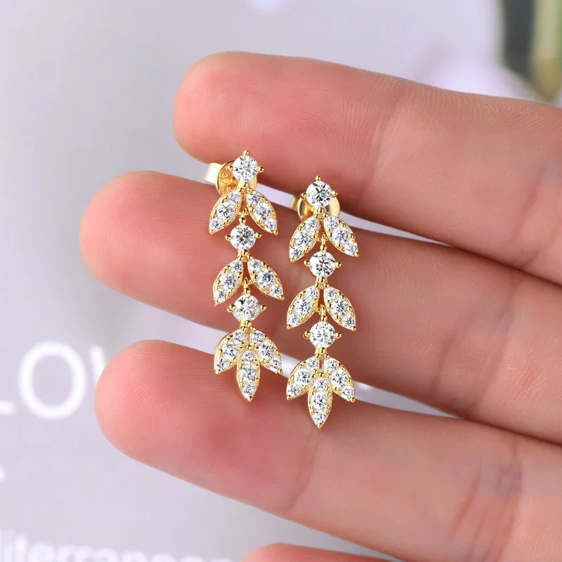 Moissanite Leaf Drop Earrings with Zircon Accents in Silver
