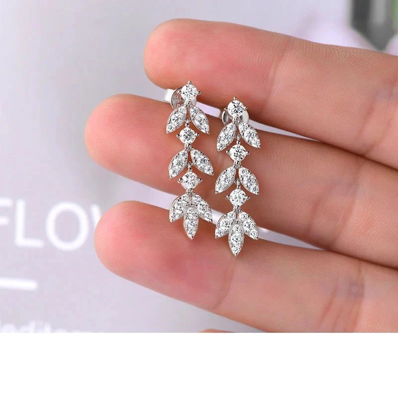 Moissanite Leaf Drop Earrings with Zircon Accents in Silver