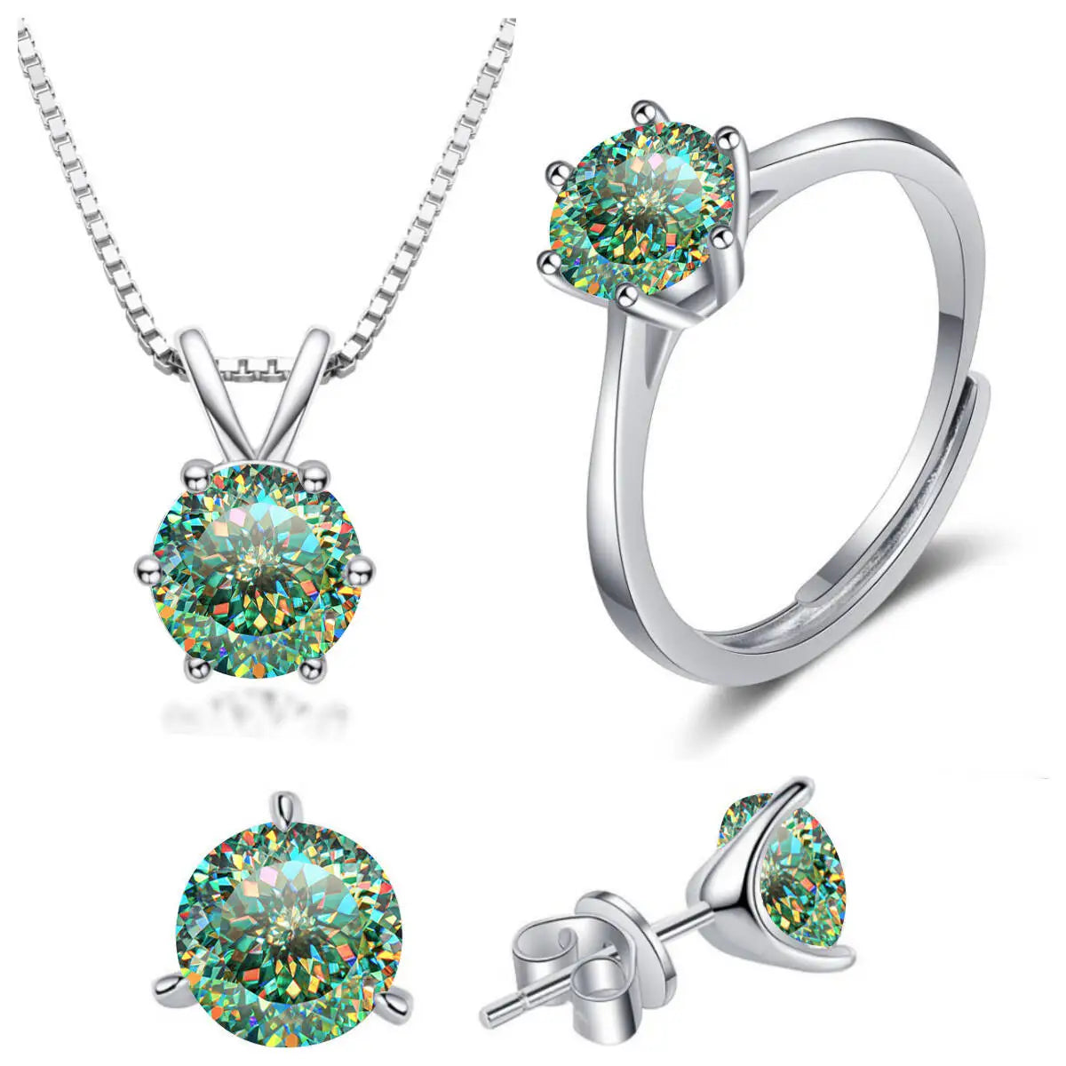 Colored Moissanite Necklace, Stud Earrings & Ring Set