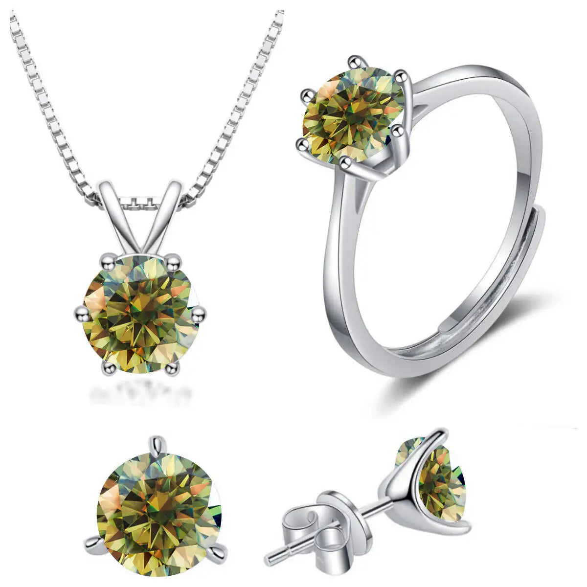 Colored Moissanite Necklace, Stud Earrings & Ring Set