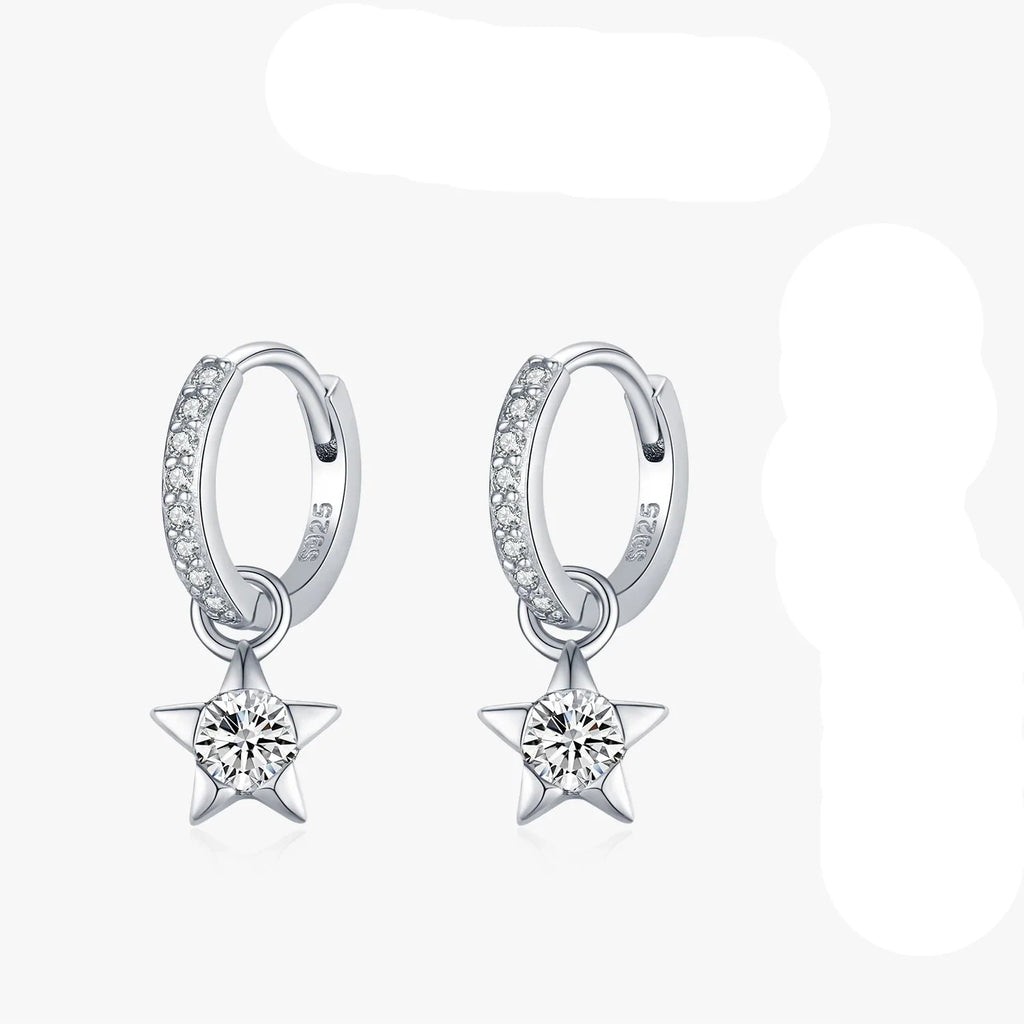 Star Moissanite Hoop Drop Earrings in Sterling Silver