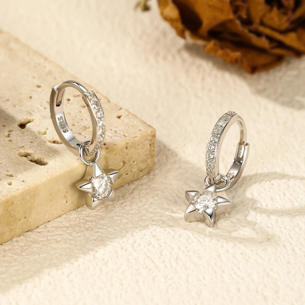 Star Moissanite Hoop Drop Earrings in Sterling Silver