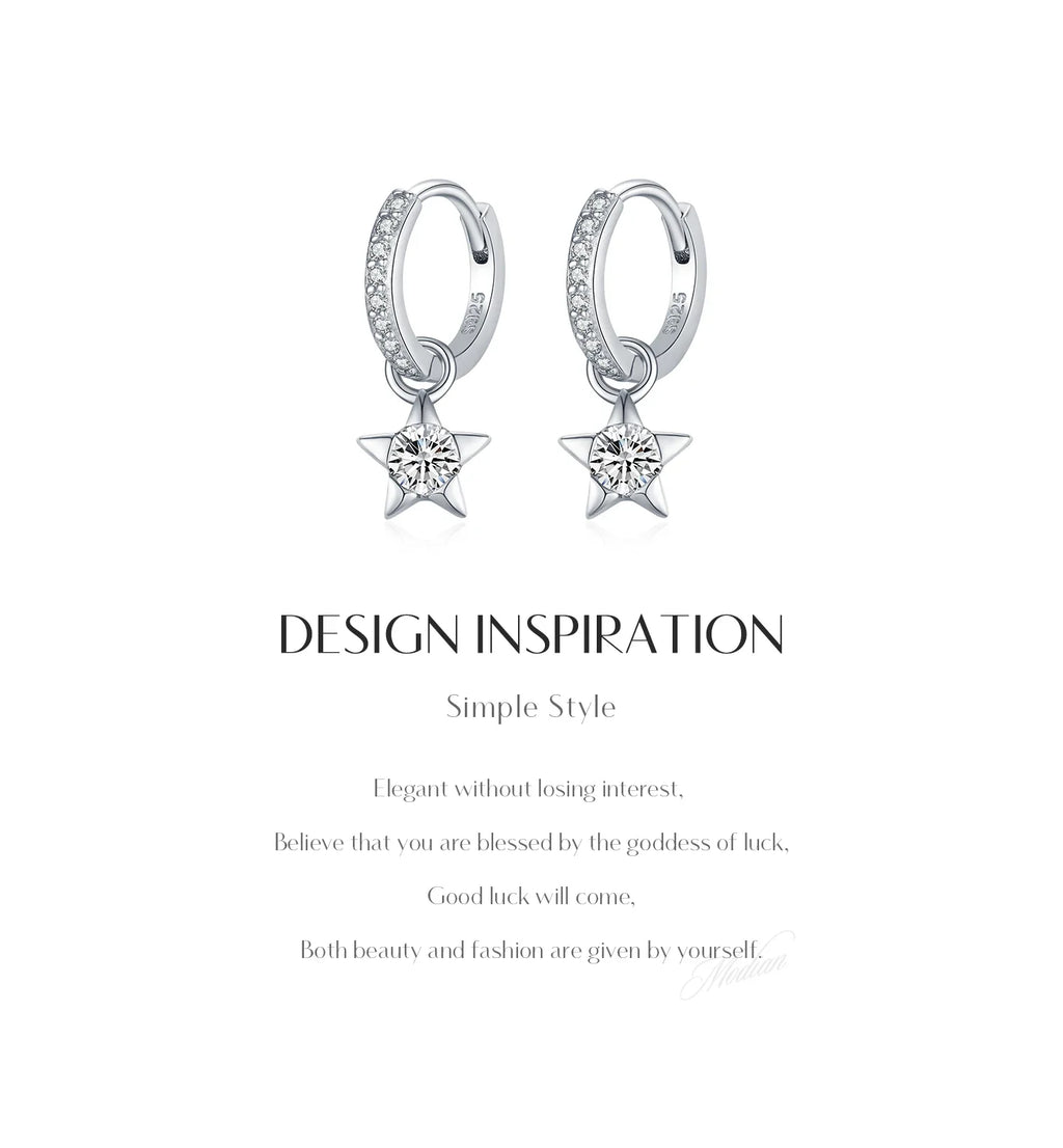 Star Moissanite Hoop Drop Earrings in Sterling Silver