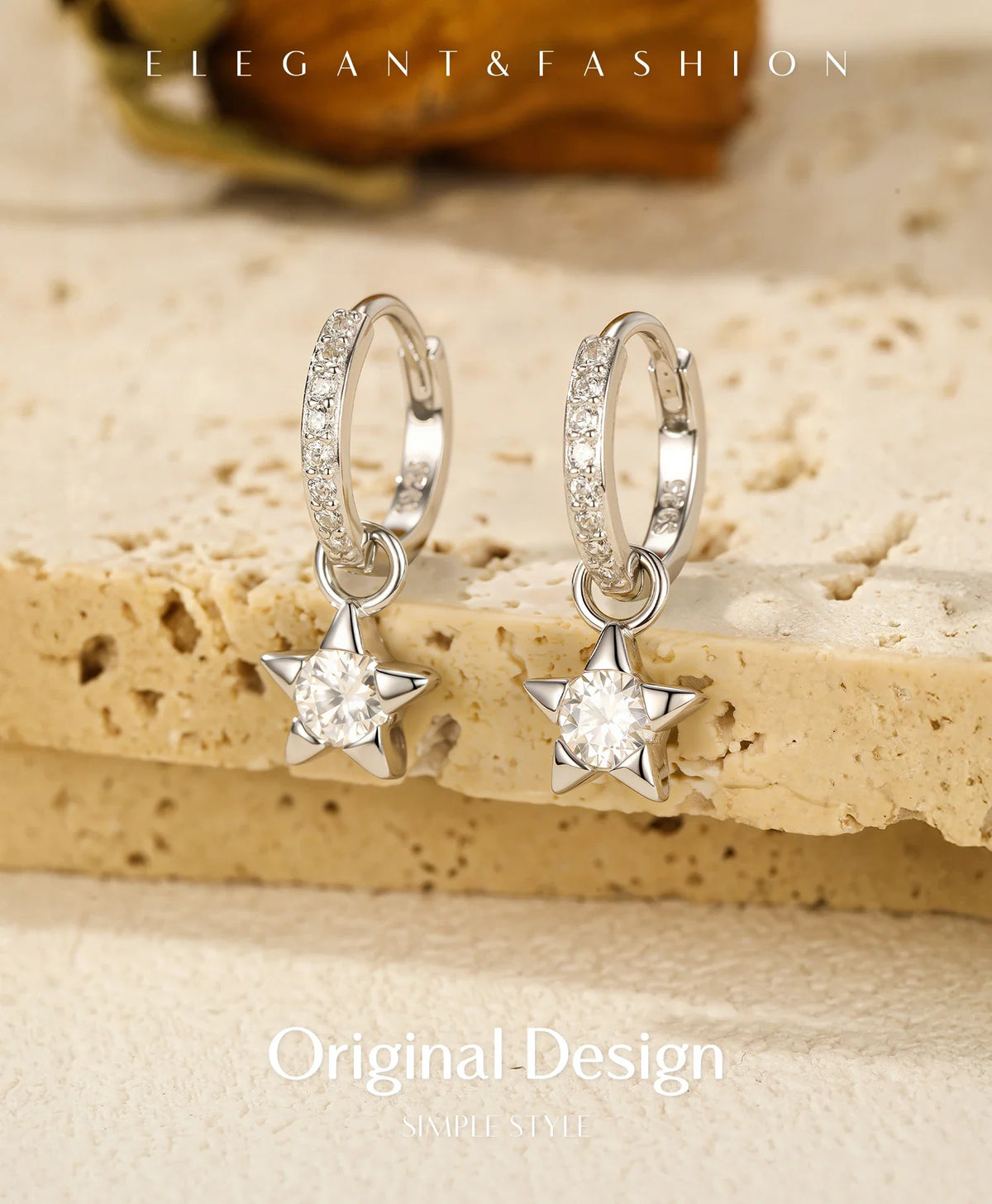 Star Moissanite Hoop Drop Earrings in Sterling Silver