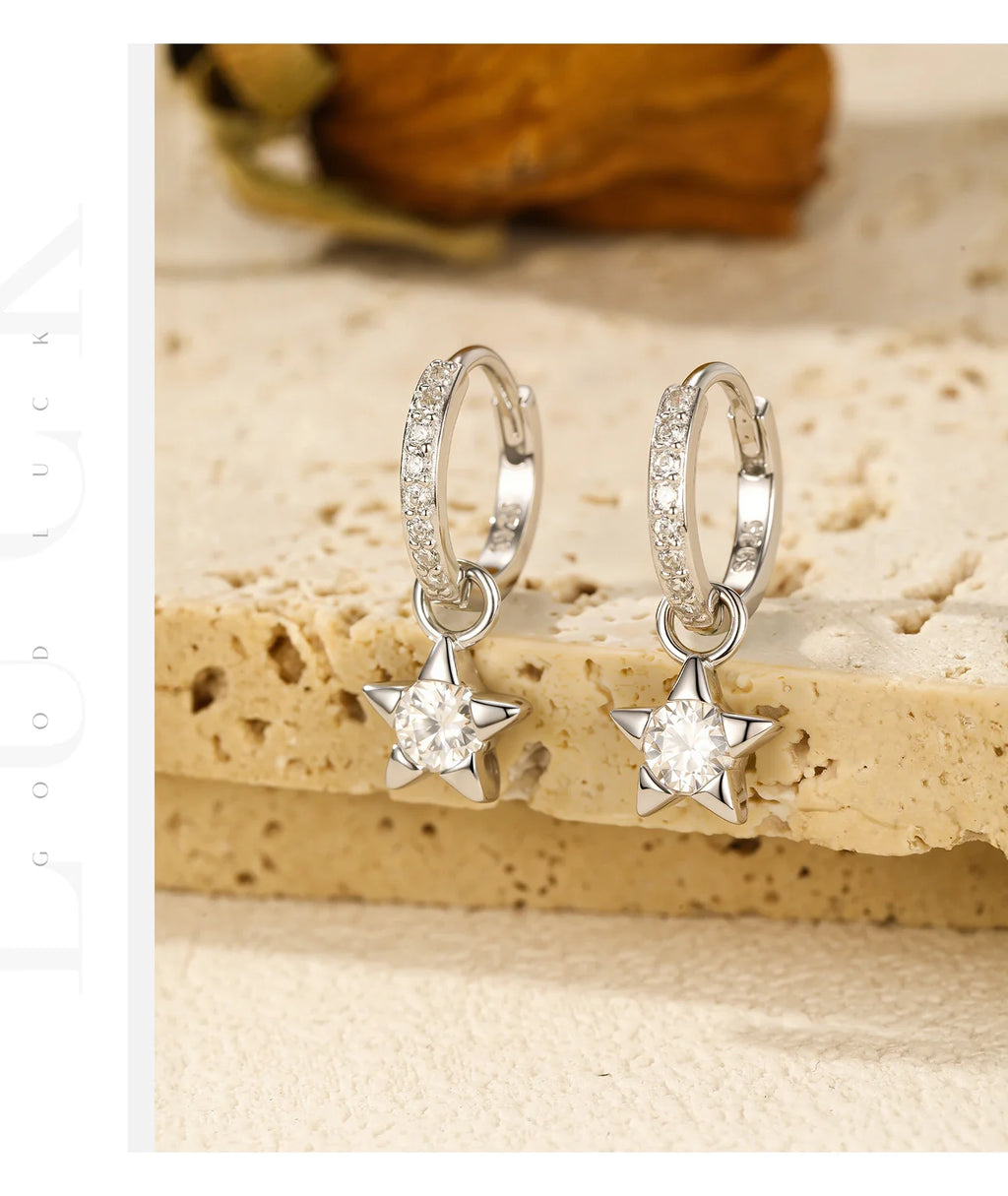 Star Moissanite Hoop Drop Earrings in Sterling Silver