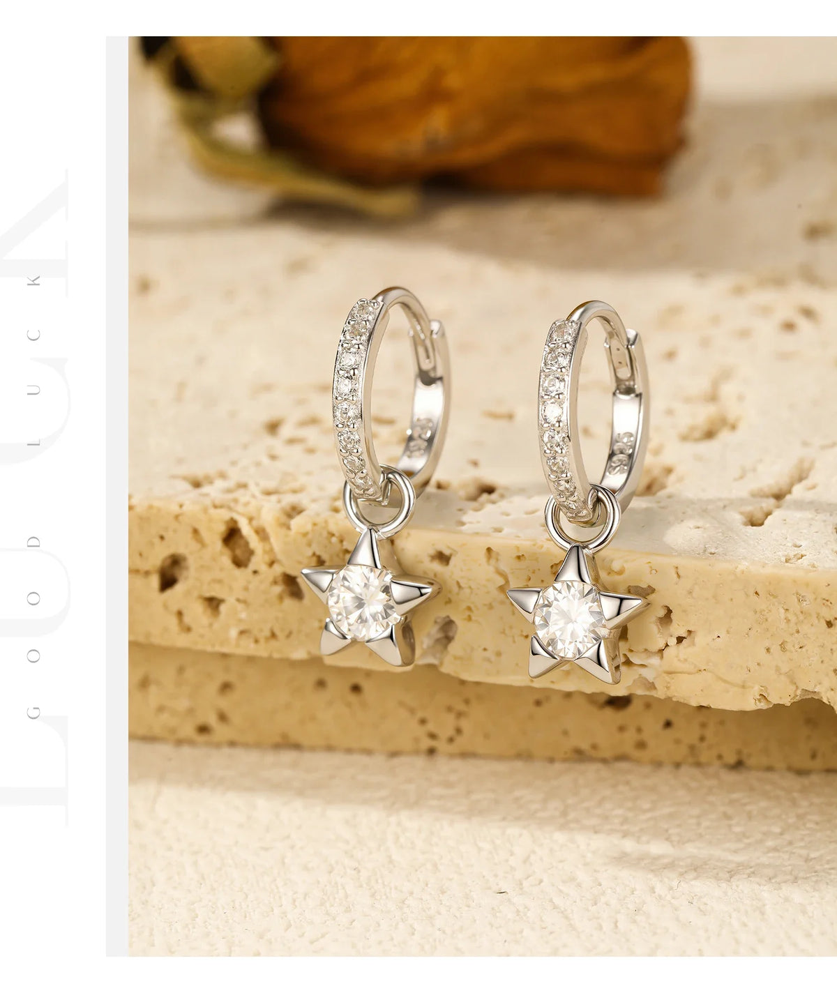 Star Moissanite Hoop Drop Earrings in Sterling Silver