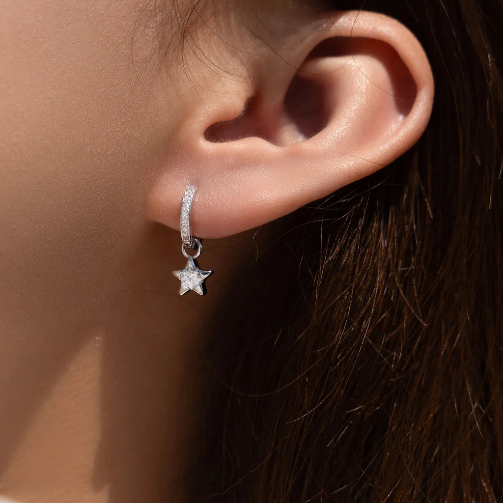 Star Moissanite Hoop Drop Earrings in Sterling Silver