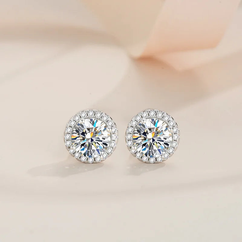 Round Halo Moissanite Stud Earrings with Screw Ball Backs