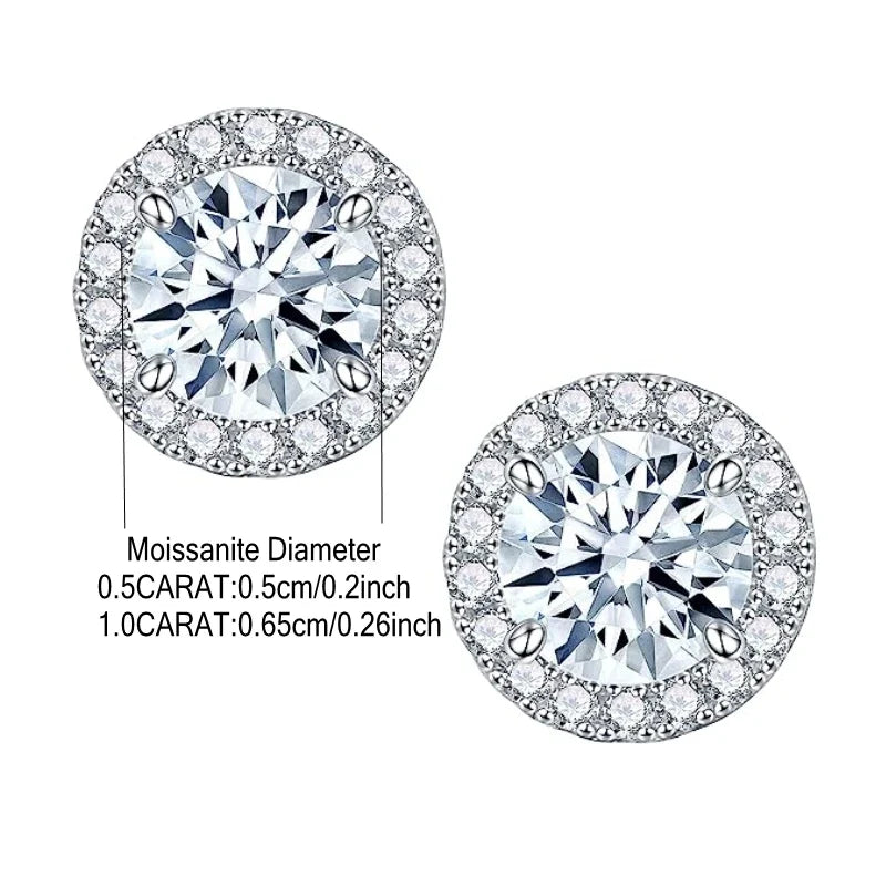 Round Halo Moissanite Stud Earrings with Screw Ball Backs