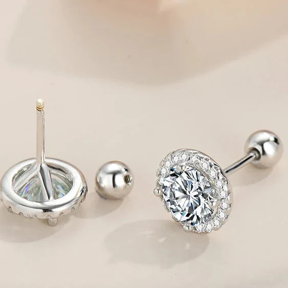 Round Halo Moissanite Stud Earrings with Screw Ball Backs