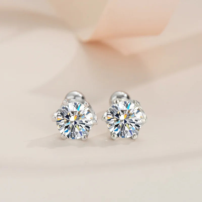 Six-Prong Moissanite Stud Earrings with Screw Ball Backs