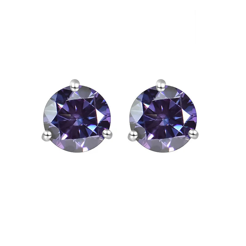 Colored Three-Prong Moissanite Stud Earrings in Sterling Silver