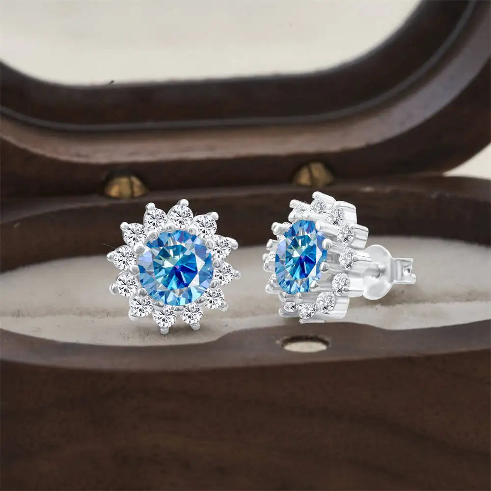 Moissanite Sunburst Halo Stud Earrings in Sterling Silver