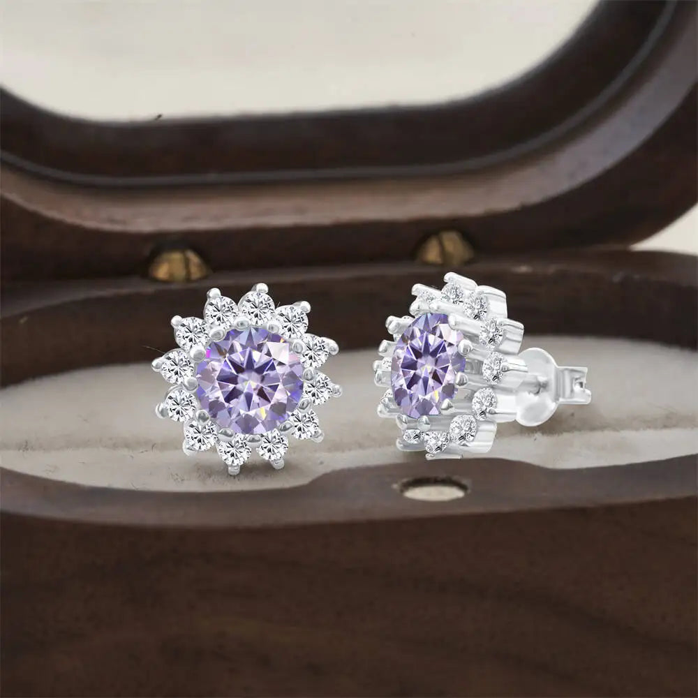 Moissanite Sunburst Halo Stud Earrings in Sterling Silver