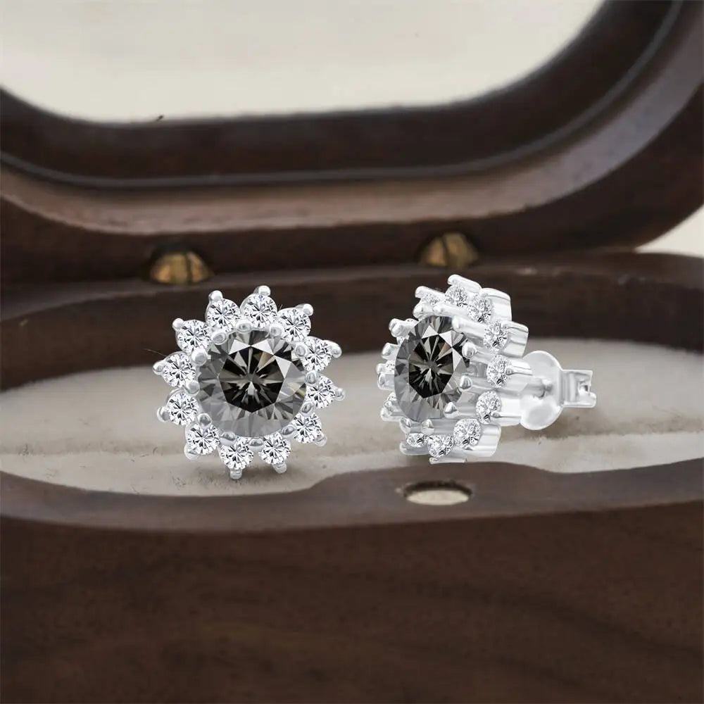 Moissanite Sunburst Halo Stud Earrings in Sterling Silver
