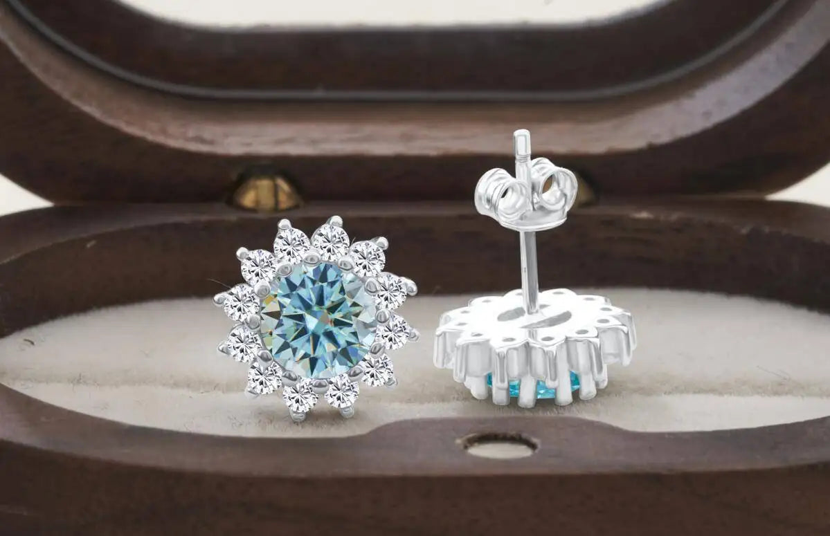 Moissanite Sunburst Halo Stud Earrings in Sterling Silver