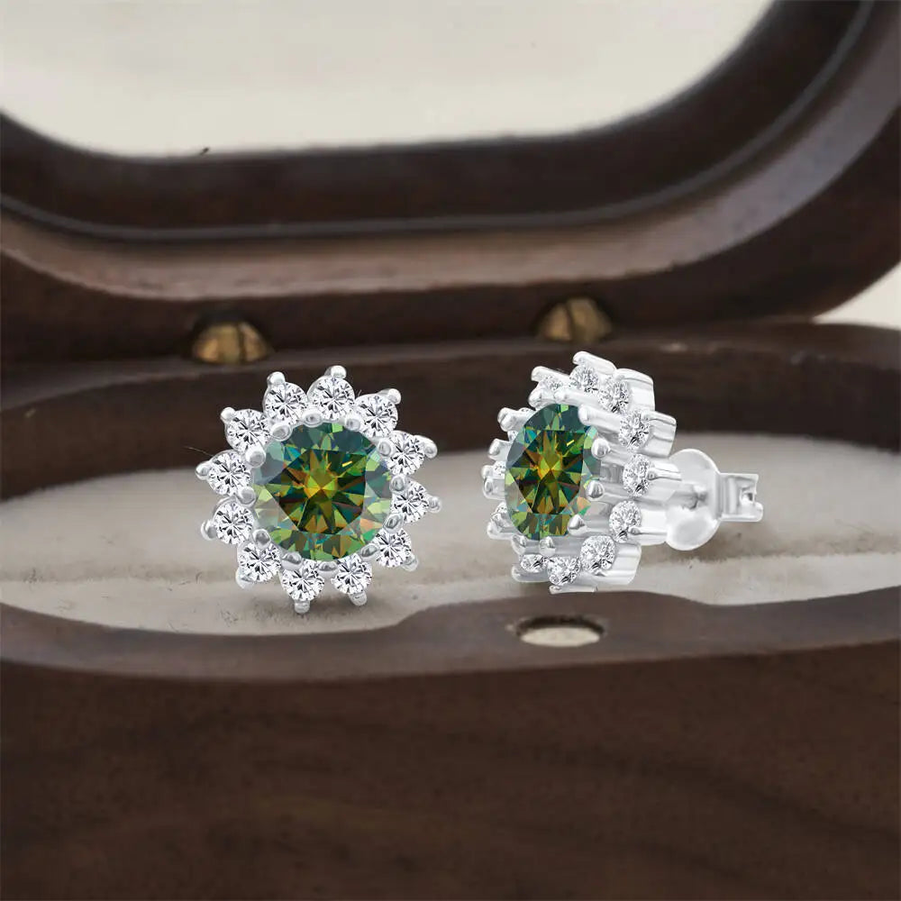 Moissanite Sunburst Halo Stud Earrings in Sterling Silver