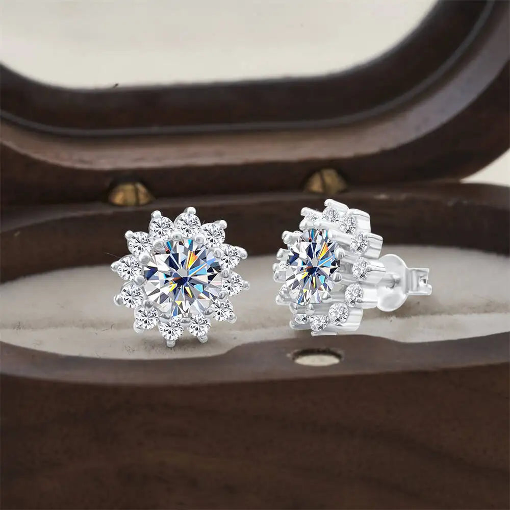 Moissanite Sunburst Halo Stud Earrings in Sterling Silver