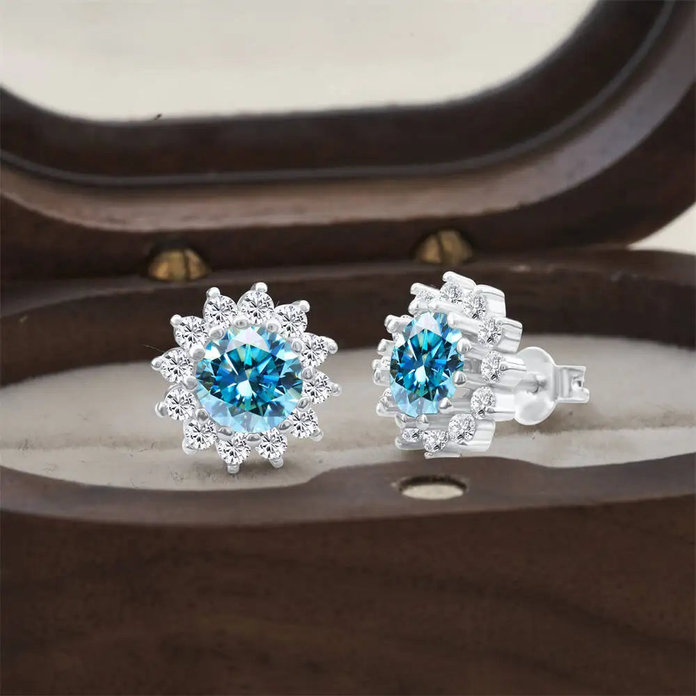 Moissanite Sunburst Halo Stud Earrings in Sterling Silver